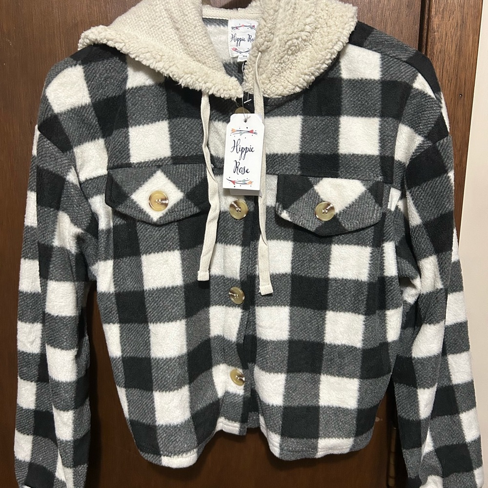 Hippie Rose Black and White Plaid Cropped Shacket